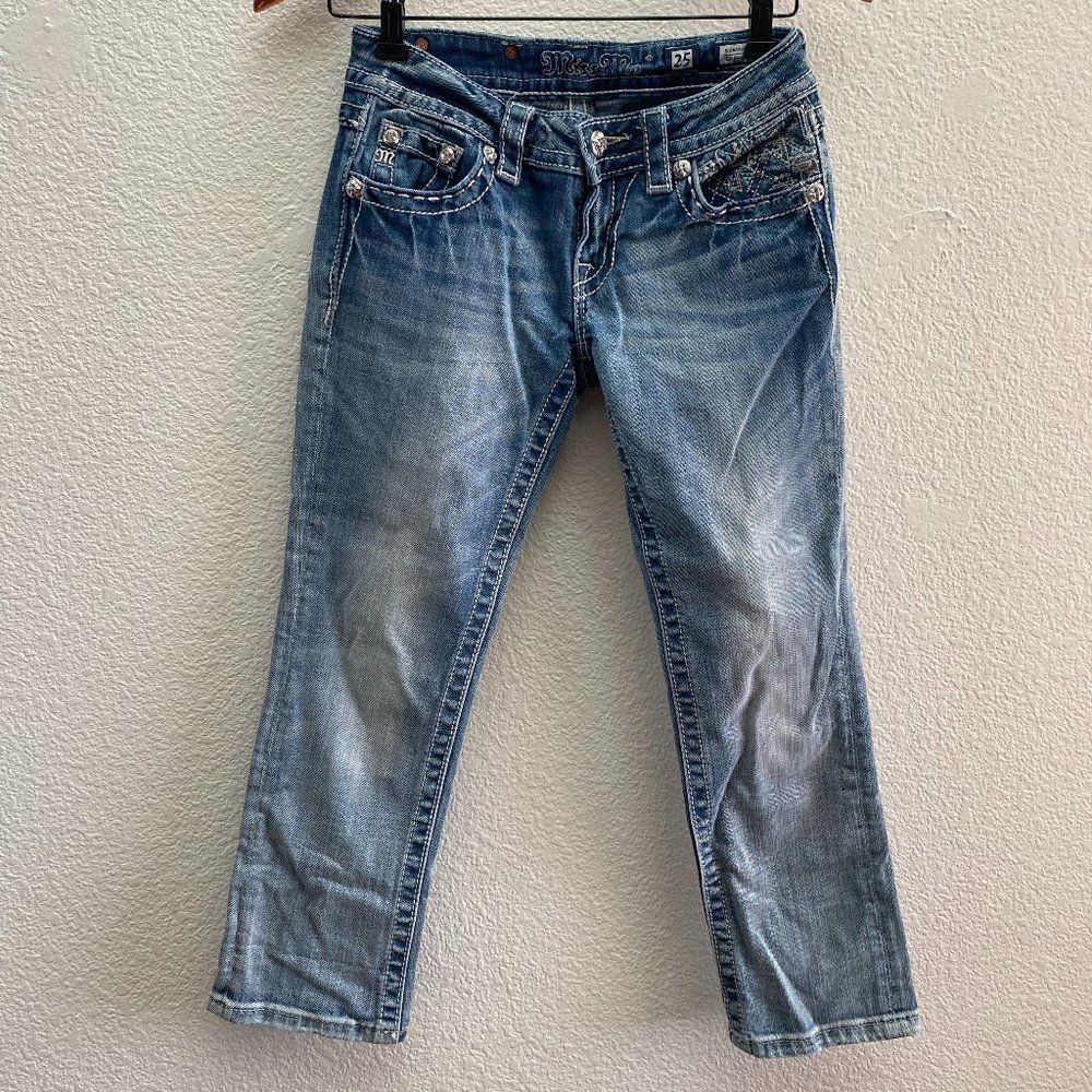 MISS ME Signature Cropped Jeans Medium Wash Size 25 Intricate Stitch JE8131C - Picture 2 of 6